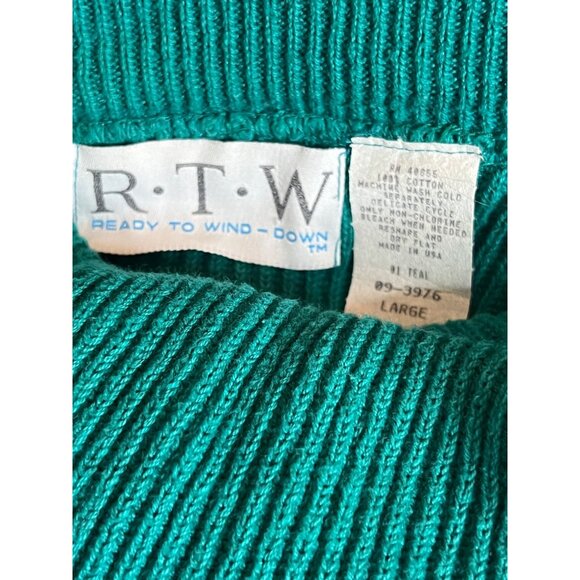 Teal Ribbed Turtleneck Sweater By R.T.W. Ready To Wind Down - L Cotton Knit Pull - Picture 11 of 16